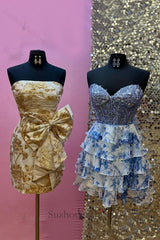 Blue Floral Ruffled Tiered A Line Homecoming Dresses Short Cocktail Dresses With Lace