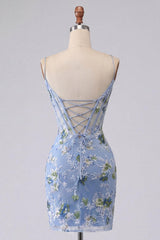 Blue Floral Tight Spaghetti Straps Short Corset Homecoming Dress