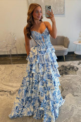 Suzhoufashion Blue Floral Spaghetti Straps Ruffle High-Slit Prom Dress With Lace Bodice Formal Evening Gown