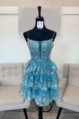 Blue Homecoming Dresses A Line Corset Tiered Short Cocktail Dresses