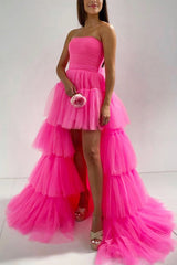 Blue Homecoming Dresses A-Line High Low Strapless Prom Dress with Ruffles
