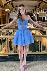 Blue Homecoming Dresses A Line Strapless Tiered Short Cocktail Dresses With Appliques