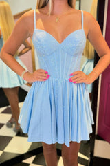 Blue Homecoming Dresses Beaded Corset A Line Short Cocktail Dresses