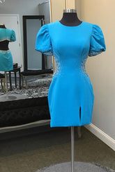 Blue Homecoming Dresses Beaded Puff Sleeves Short Cocktail Dresses