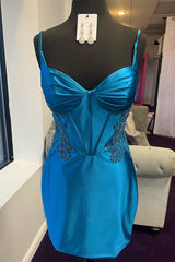 Blue Homecoming Dresses Corset Open Back Tight Short Cocktail Dresses with Appliques