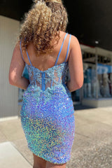 Blue Homecoming Dresses Corset Sequin Tight Short Cocktail Dresses with Lace