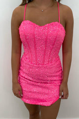 Blue Homecoming Dresses Corset Sequin Tight Short Cocktail Dresses with Slit