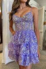 Blue Homecoming Dresses Corset Spaghetti Straps A Line Lace Short Cocktail Dresses