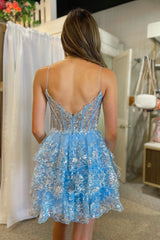 Blue Homecoming Dresses Corset Top Spaghetti Straps A-Line Lace Short Cocktail Dresses
