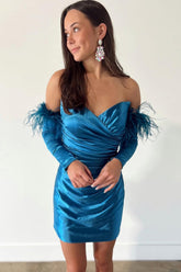 Blue Homecoming Dresses Detachable Long Sleeves Tight Short Cocktail Dresses