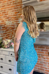 Blue Homecoming Dresses Fringed One Shoulder Tight Sequin Short Cocktail Dresses