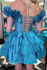 Blue Homecoming Dresses Off The Shoulder Corset Short Cocktail Dresses With Ruffles