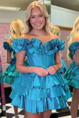 Blue Homecoming Dresses Off The Shoulder Corset Short Cocktail Dresses With Ruffles