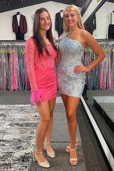 Blue Homecoming Dresses One Shoulder Corset Tight Short Cocktail Dresses With Feathers