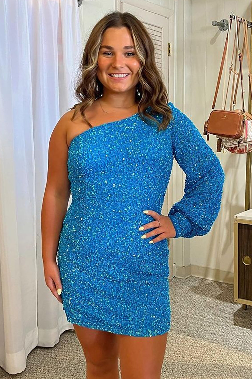 Blue Homecoming Dress One Shoulder Sequin Tight Prom Dress Suzhoufashion Blue Homecoming Dress One Shoulder Sequin Tight Prom Dress Suzhoufashion