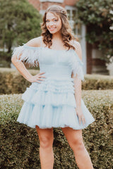 Blue Homecoming Dresses Ruffled Short Cocktail Dresses With Feathers