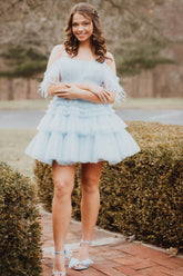 Blue Homecoming Dresses Ruffled Short Cocktail Dresses With Feathers