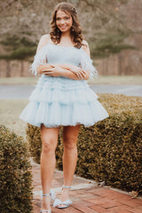 Blue Homecoming Dresses Ruffled Short Cocktail Dresses With Feathers