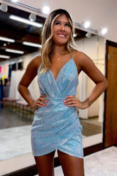 Blue Homecoming Dresses Sequin Asymmetrical Tight Short Cocktail Dresses