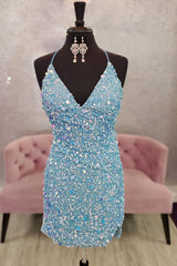 Blue Homecoming Dresses Sequin Backless Tight Prom Dress
