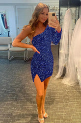 Blue Homecoming Dresses Sequin Prom Dress with Sleeves