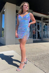 Blue Homecoming Dresses Sequin Tight Short Cocktail Dresses with Fringes