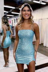 Blue Homecoming Dresses Sequin Tight Short Cocktail Dresses with Slit