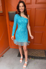 Blue Homecoming Dresses Sequined One Shoulder Tight Short Cocktail Dresses with Fringes