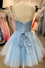 Blue Homecoming Dresses Spaghetti Straps Prom Dress With Appliques
