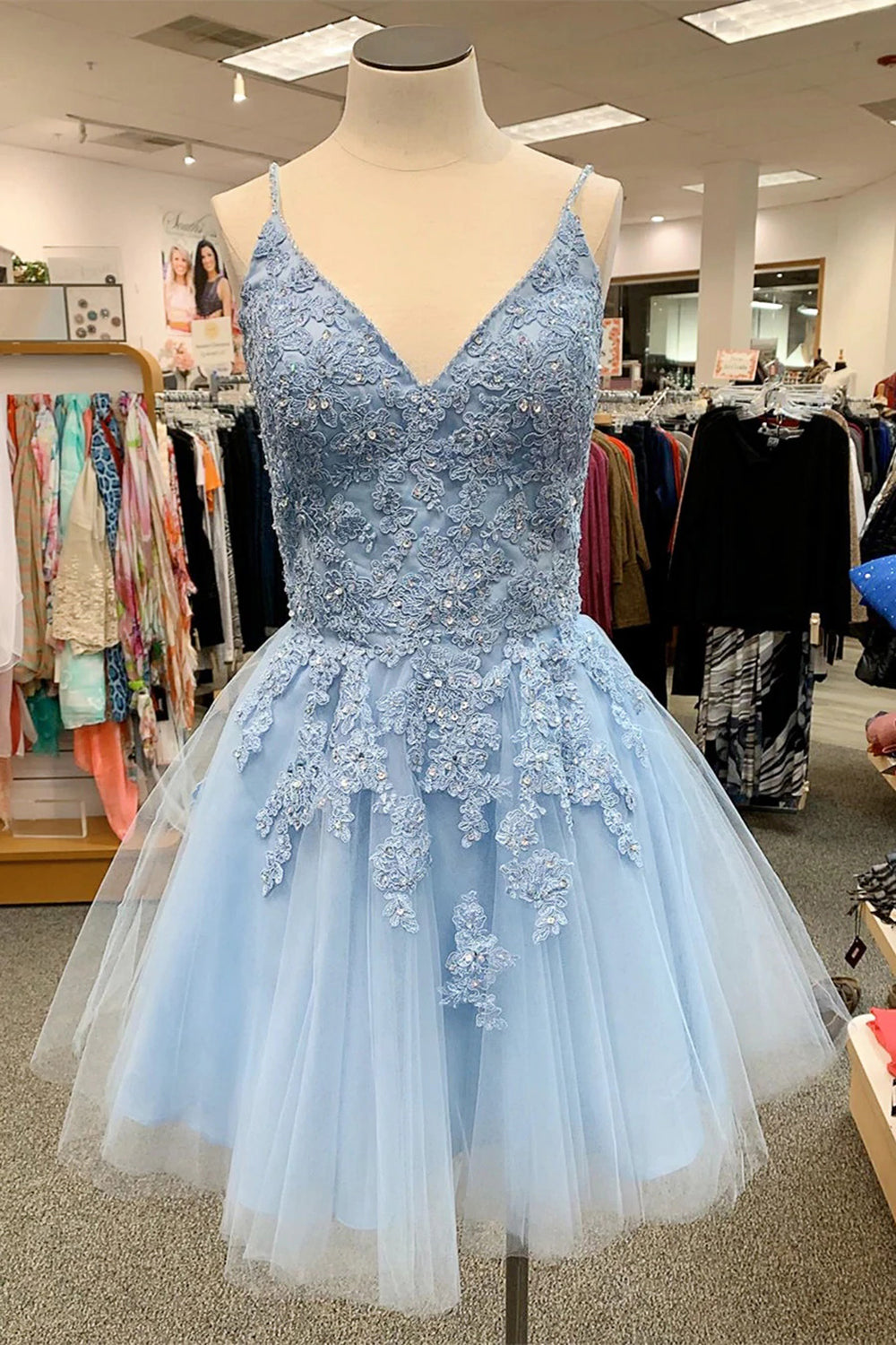 Blue Homecoming Dresses Spaghetti Straps Prom Dress With Appliques