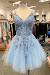 Blue Homecoming Dresses Spaghetti Straps Prom Dress With Appliques