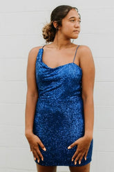 Blue Homecoming Dresses Spaghetti Straps Sequin Prom Dress With Criss Cross Back