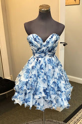 Blue Homecoming Dresses Sweetheart A Line Printed Tiered Prom Dress