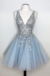 Blue Homecoming Dresses V Neck Prom Dress With Beadings