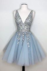 Blue Homecoming Dresses V Neck Prom Dress With Beadings