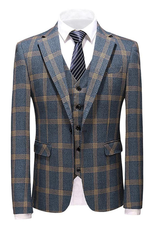 Blue Notched Lapel Three Piece Business Suit