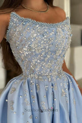 Blue Prom Dress A Line Strapless Sleeveless Sequined Beaded Satin Formal Dress With Rhinestones And Pearls