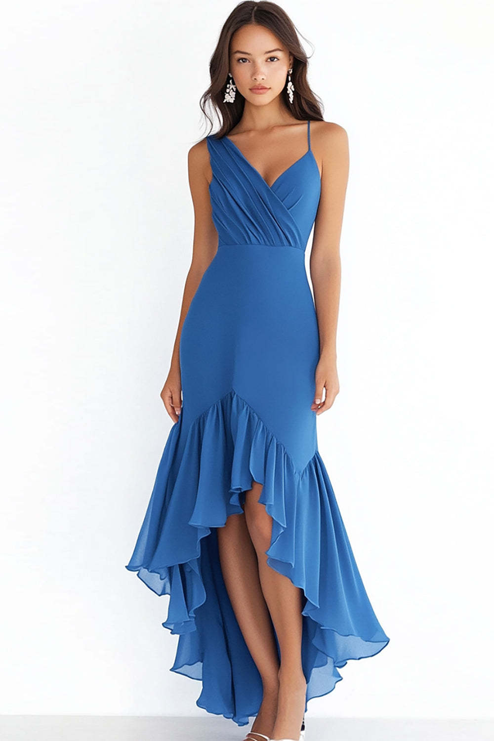 Suzhoufashion Blue Prom Dress Chiffon V Neck High-Low Sheath Formal Dress  With Ruffles – suzhoufashion