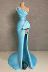Blue Prom Dress Mermaid One Shoulder Sleeveless Beaded Satin Slit Formal Dress With Rhinestone