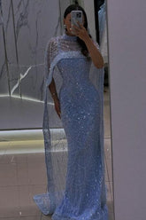 Blue Prom Dress Mermaid Spaghetti Strap Sequined Sleeveless Tulle Formal Dress