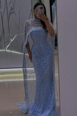Blue Prom Dress Mermaid Spaghetti Strap Sequined Sleeveless Tulle Formal Dress