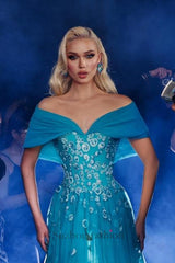 Blue Prom Dress Off The Shoulder A Line Sleeveless Tulle Formal Dress With Appliques