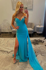 Blue Prom Dress Off The Shoulder Mermaid Long Formal Dress With Side Cape