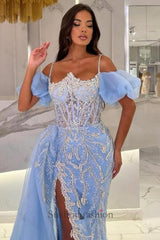 Blue Prom Dress Puff Sleeves Slit Beaded Panel Train Tulle Formal Dress With Appliques