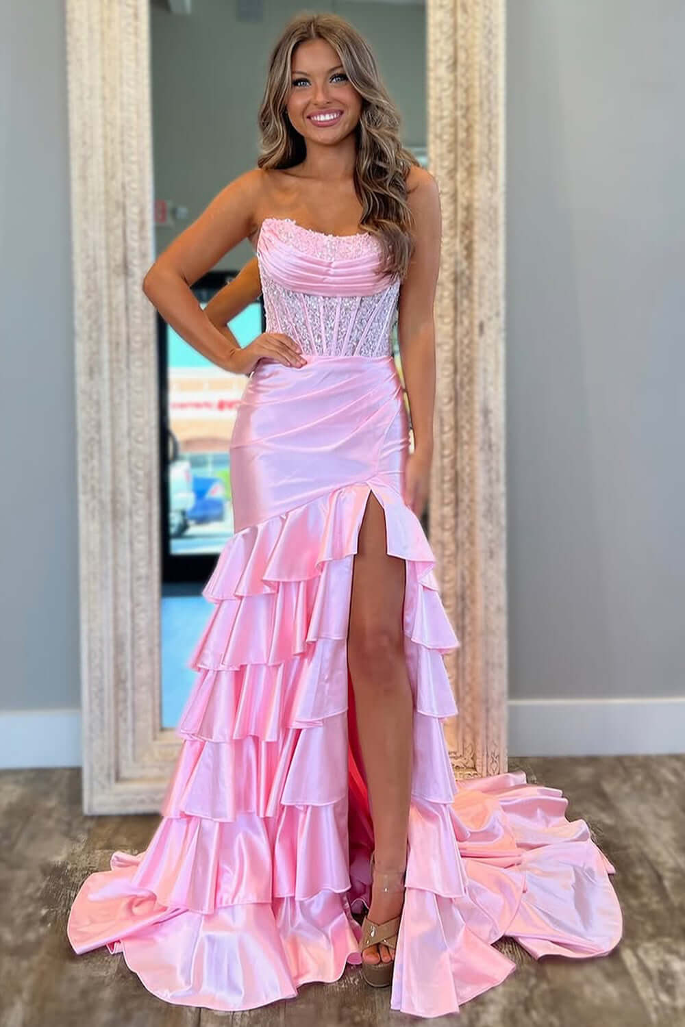 Blush Prom Dress Tiered Mermaid Long Formal Dress With Slit