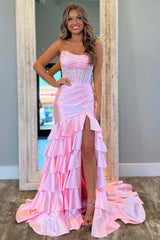 Blush Prom Dress Tiered Mermaid Long Formal Dress With Slit