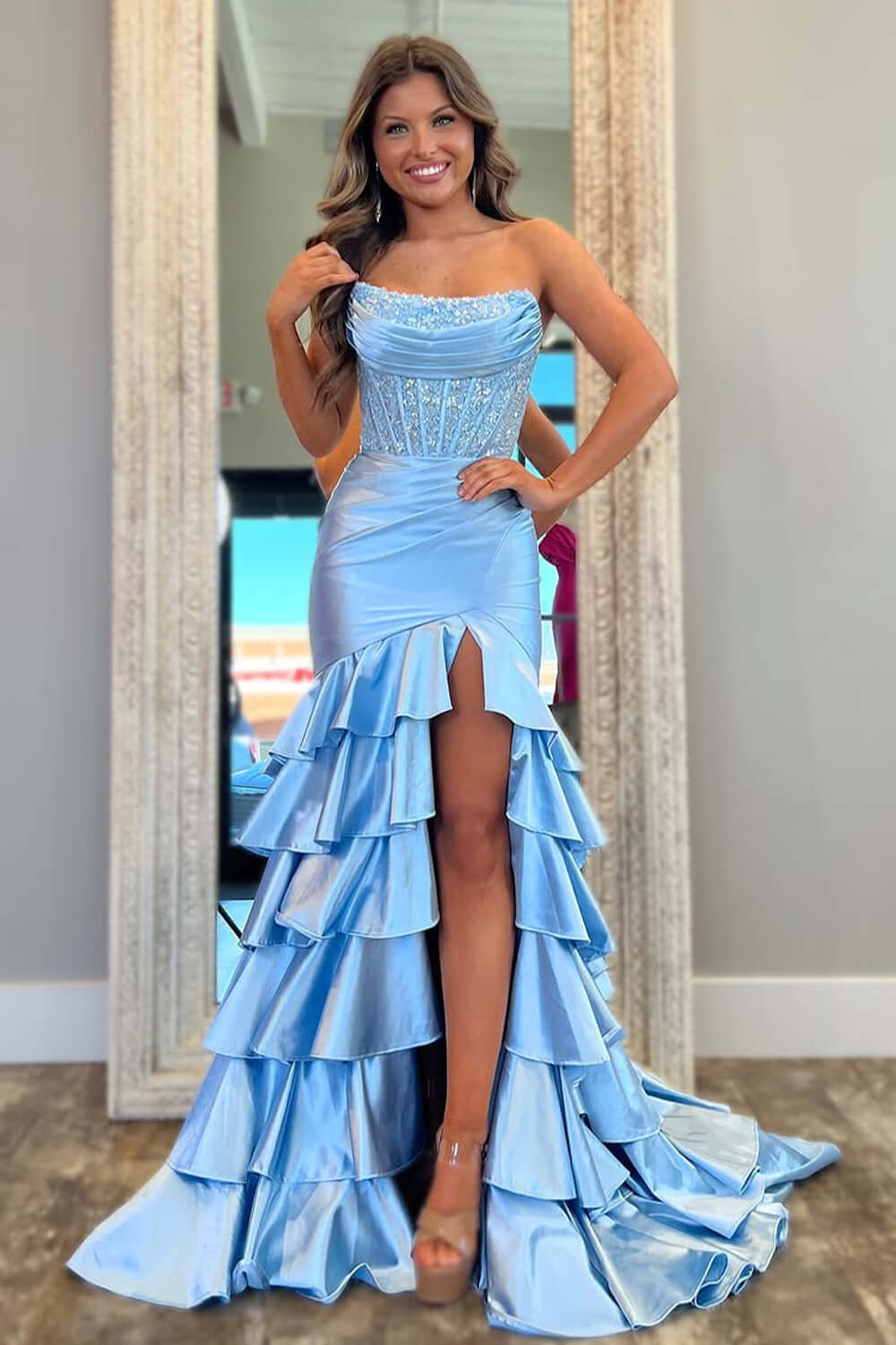 Blush Prom Dress Tiered Mermaid Long Formal Dress With Slit