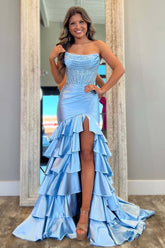 Blush Prom Dress Tiered Mermaid Long Formal Dress With Slit