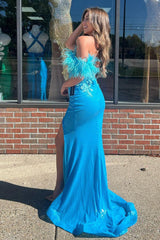 Blue Prom Dress Sequined Floral Mermaid Off The Shoulder Long Formal Dress With Slit