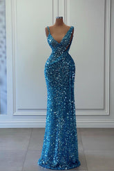 Blue Prom Dress Sleeveless Sequined V Neck Long Mermaid Evening Formal Dress For Party